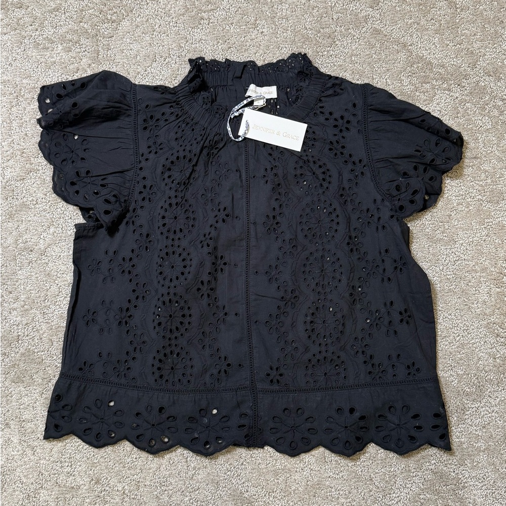 NWT Eyelet Ruffle Neck Blouse - Black
